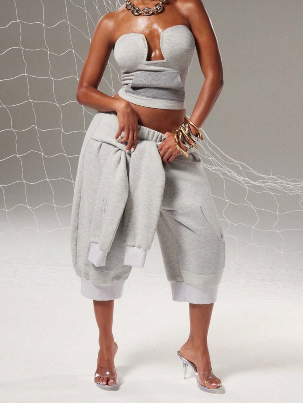 Grey Casual Women's Loose Elastic Pocket Plain Bermuda Sweatpant